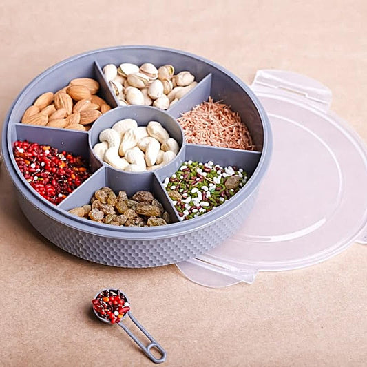 UK-0976 7 Section Round Shape Multi-Purpose Storage Box for Storing Spice, Dry Fruits, Herbs, Masala Box with Transparent Lid Leak Proof, Air Tight Plastic Masala Dabba | Masala Container