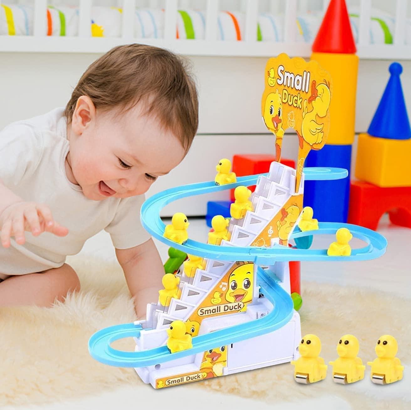 UK-0124   Duck Slide Toy Set, Funny Automatic Stair-Climbing Ducklings Cartoon Race Track Set Little Lovely Duck Slide Toy Escalator Toy with Lights and Music