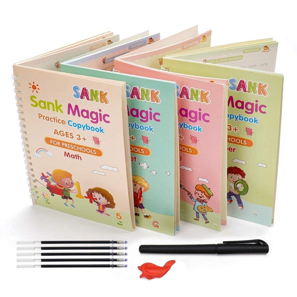 UK-0103  Magic Practice Copybook for Kids, Handwriting Workbook, Reusable Writing Practice Book for Preschools- Alphabet Number Math Drawing Groove Copybook | 4 Books with Pens, Refills