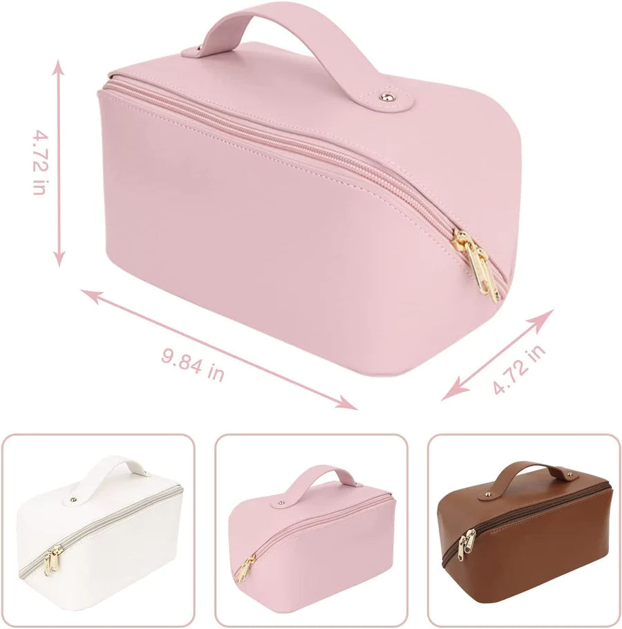 UK-0026 Cosmetic Travel Bag Large Capacity , Portable Leather Makeup Storage Bags with Handle and Divider, Wide Opening Cosmetic/Makeup Organizer