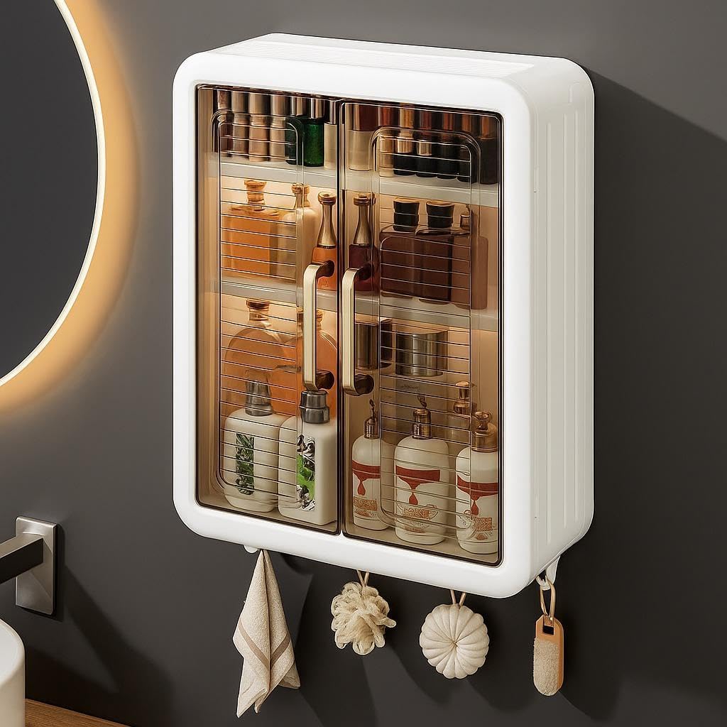 UK-1033 Plastic Wall Mounted Storage Cabinet for Kitchen and Bathroom Organizer with Adjustable Shelves & Door| Self-Adhesive No-Drill Bathroom Cupboard