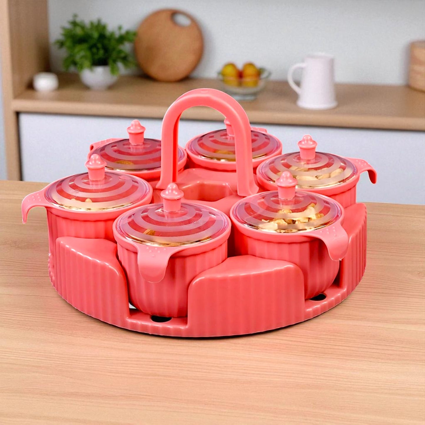 UK-0974 Spice Box/Dry Fruit Box/Masala Box/Pickle Box 6 Compartment Airtight storage Container with lid,Serving Box,DryFruit Tray, Masala Box for Kitchen Spice Set (Pack of 1 Tray with 6 Jars)
