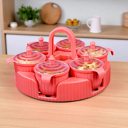 UK-0974 Spice Box/Dry Fruit Box/Masala Box/Pickle Box 6 Compartment Airtight storage Container with lid,Serving Box,DryFruit Tray, Masala Box for Kitchen Spice Set (Pack of 1 Tray with 6 Jars)