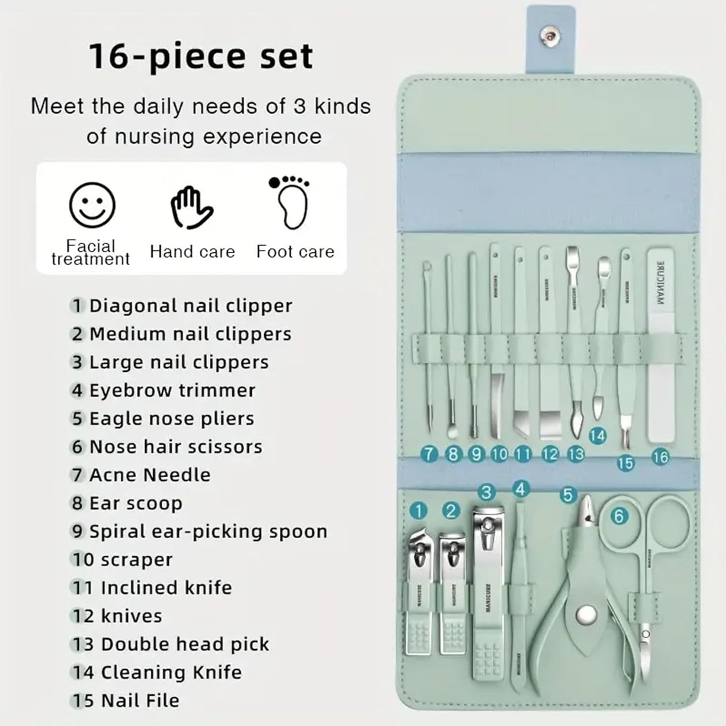 UK-0964 Manicure Set Nail Clipper Kit - 16 Pieces Stainless Steel Manicure Kit, Nail Care Tools for Hand & Feet, Nail Clippers Pedicure Professional Grooming Kits for Facial, Hand & Foot Care