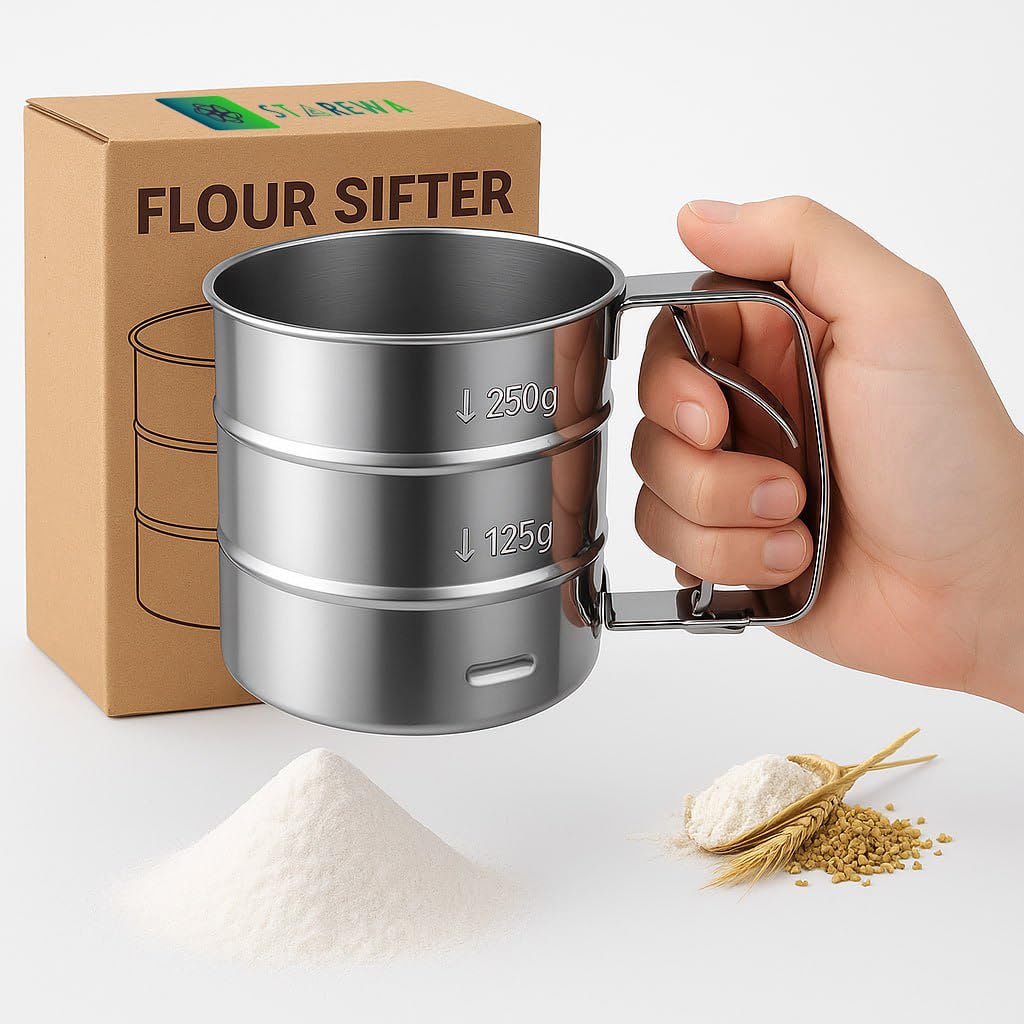 UK-1084 Flour Sifter/Atta chhani Hand Press Design Stainless Steel Flour Sifter Corrosion Resistant Large Capacity Flour Sieve Cup for Sugar Flour and Coffee Powder | Atta Chalni