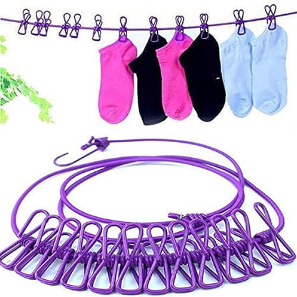 UK-0290 Rope with 12 Clips and 2 Hooks Durable Portable Outdoor Travel Clothesline Rope Clothes Hanging Hook (Multicolor)