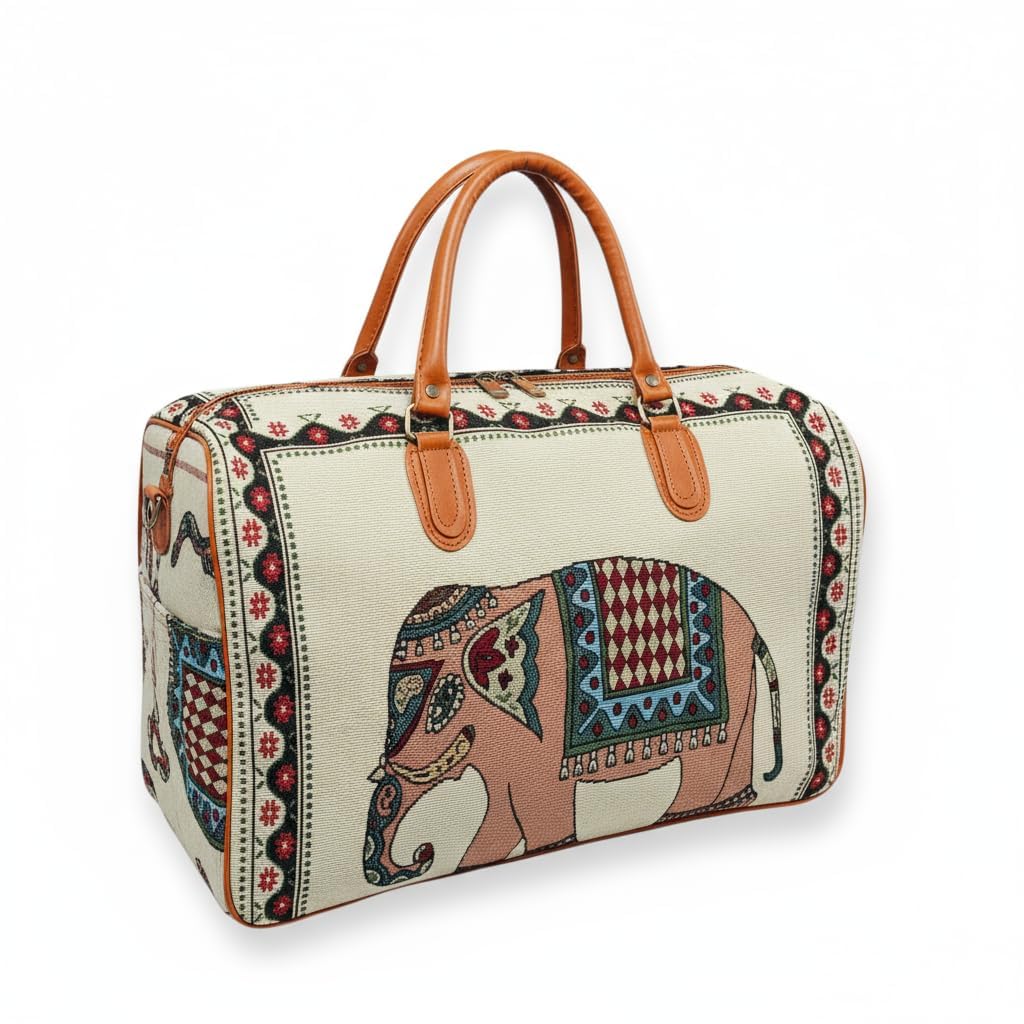 UK-1034 Canvas Duffle Travel Bag for Men and Women, Handmade Indian Ethnic Elephant Print Single Compartment Luggage Travelling Duffel for Women, Stylish Cabin Size Air Hand Bag