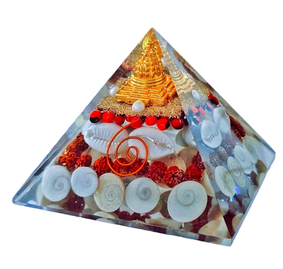 UK-0615  Shri Yantra Gomti Chakra Laxmi Pyramid -  Maha Laxmi Orgonite Pyramid with Shree Yantra - Pooja Supplies Vastu Items for Home with Rudraksha, Gomati Chakra (Wealth Pyramid For Business Gifting)