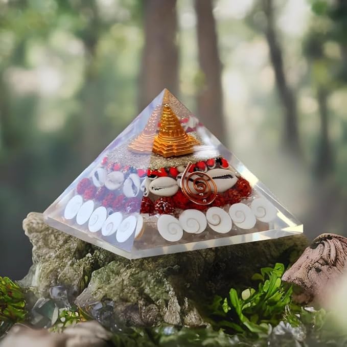 UK-0615  Shri Yantra Gomti Chakra Laxmi Pyramid -  Maha Laxmi Orgonite Pyramid with Shree Yantra - Pooja Supplies Vastu Items for Home with Rudraksha, Gomati Chakra (Wealth Pyramid For Business Gifting)