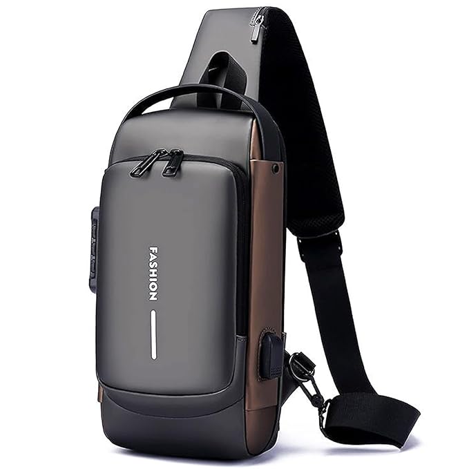 UK-0965 USB Sling Chest Bag – Waterproof Crossbody Shoulder Bag with USB Charging Port – Anti-Theft Travel Daypack for Men & Women – Casual Lightweight Sling Backpack