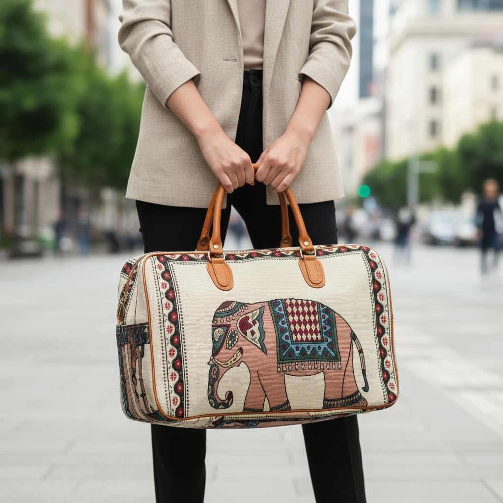 UK-1034 Canvas Duffle Travel Bag for Men and Women, Handmade Indian Ethnic Elephant Print Single Compartment Luggage Travelling Duffel for Women, Stylish Cabin Size Air Hand Bag