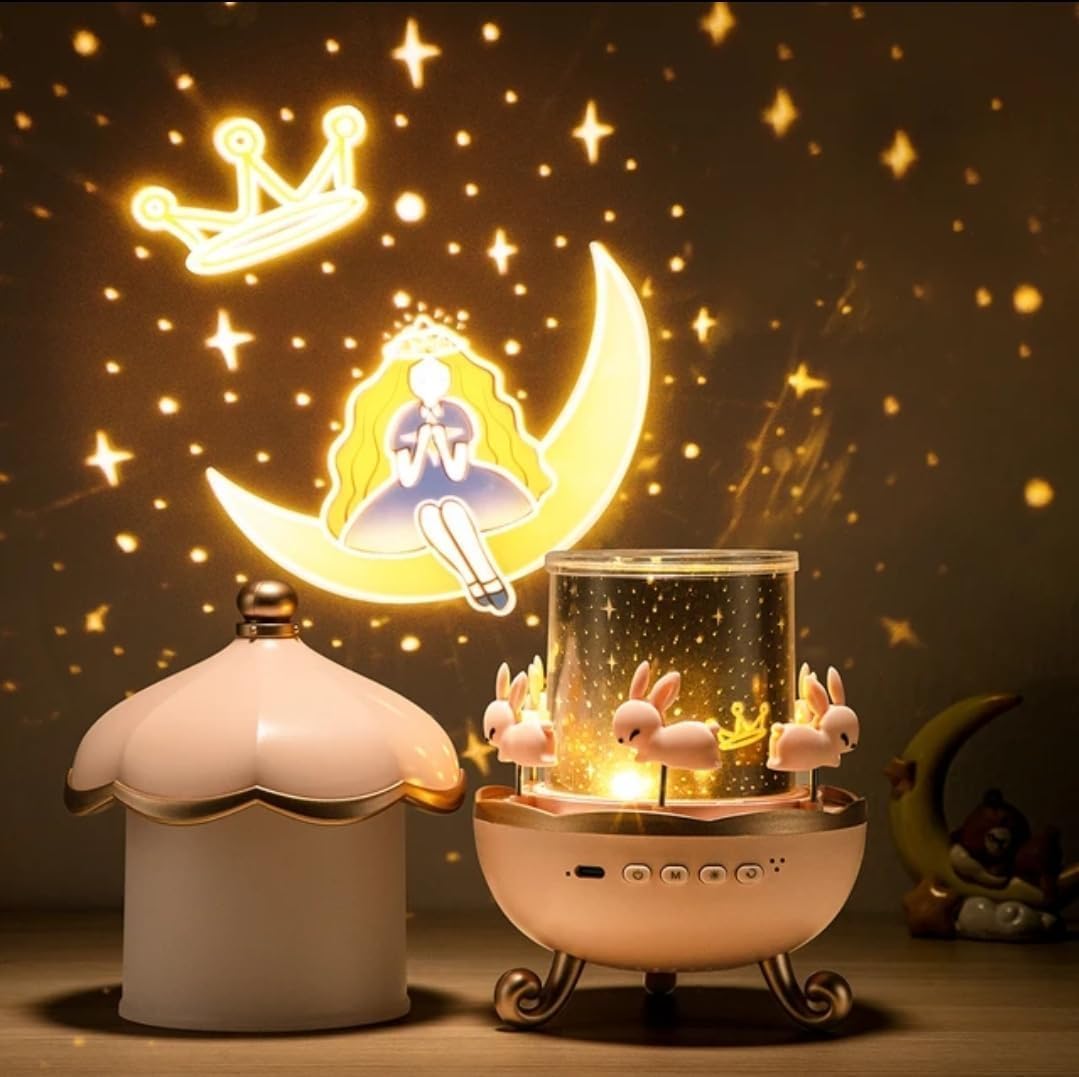 UK-0876 Rabbit Night Light Projector, 360° Rotatable 6 Films Shade Rechargeable LED Night Light Lamp for Kids Room, Nursery Room Decor, Birthday Decor Gift for Kids (Light Projector)