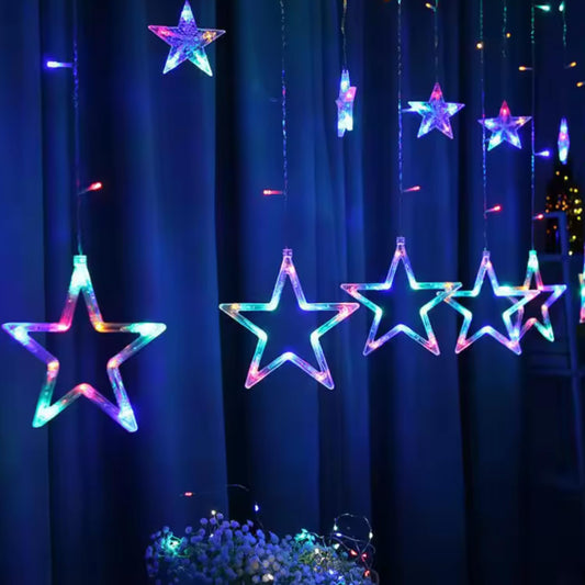 12 Stars/diya Curtain Fairy String 108 Led 6 Big Star 6 Small Star Light with 8 Flashing Modes for Indoor & Outdoor Decorations, Christmas, Wedding, Party, Home