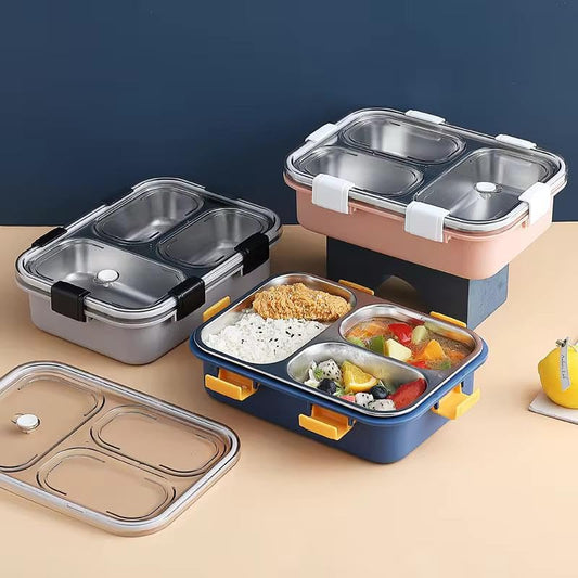 UK-0885 3 Compartment Stainless Steel Lunch Box 750ML, Lunch Box with Steel Cutlery Inside, Heating & Water Insulation for School Kids and Adults Office