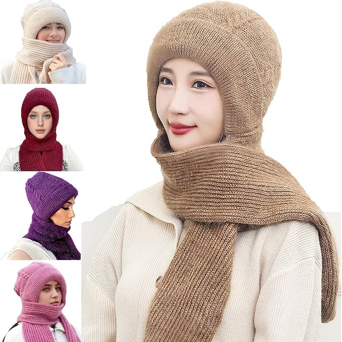 UK-1029 Winter Cap for Women Woolen Cap with Mufflers for Women, 2 in 1 Mask Scarf Knitted Woolen for Women & Girls Muffler Stylish & Scarf Ear Protection (Multicolour)