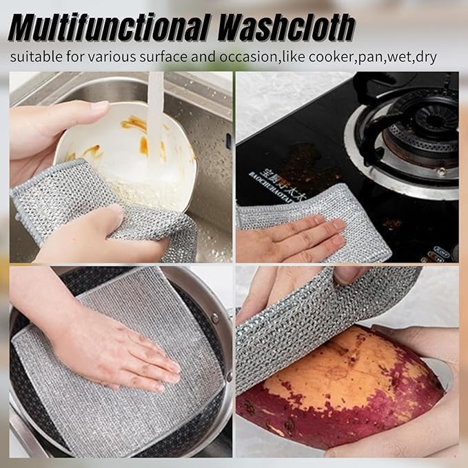 Non-Scratch Wire Dishcloth, Steel Wire Dish Towel, Multipurpose Wire Dishwashing Rags for Wet and Dry, Scrubs & Cleans for Dishes