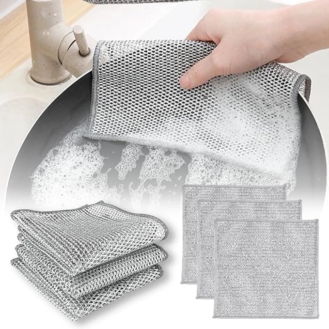 Non-Scratch Wire Dishcloth, Steel Wire Dish Towel, Multipurpose Wire Dishwashing Rags for Wet and Dry, Scrubs & Cleans for Dishes