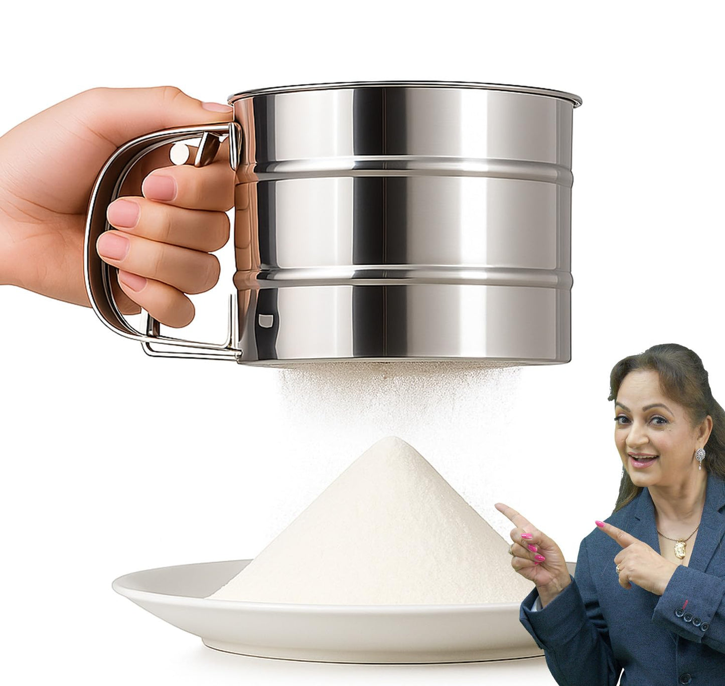 UK-1084 Flour Sifter/Atta chhani Hand Press Design Stainless Steel Flour Sifter Corrosion Resistant Large Capacity Flour Sieve Cup for Sugar Flour and Coffee Powder | Atta Chalni