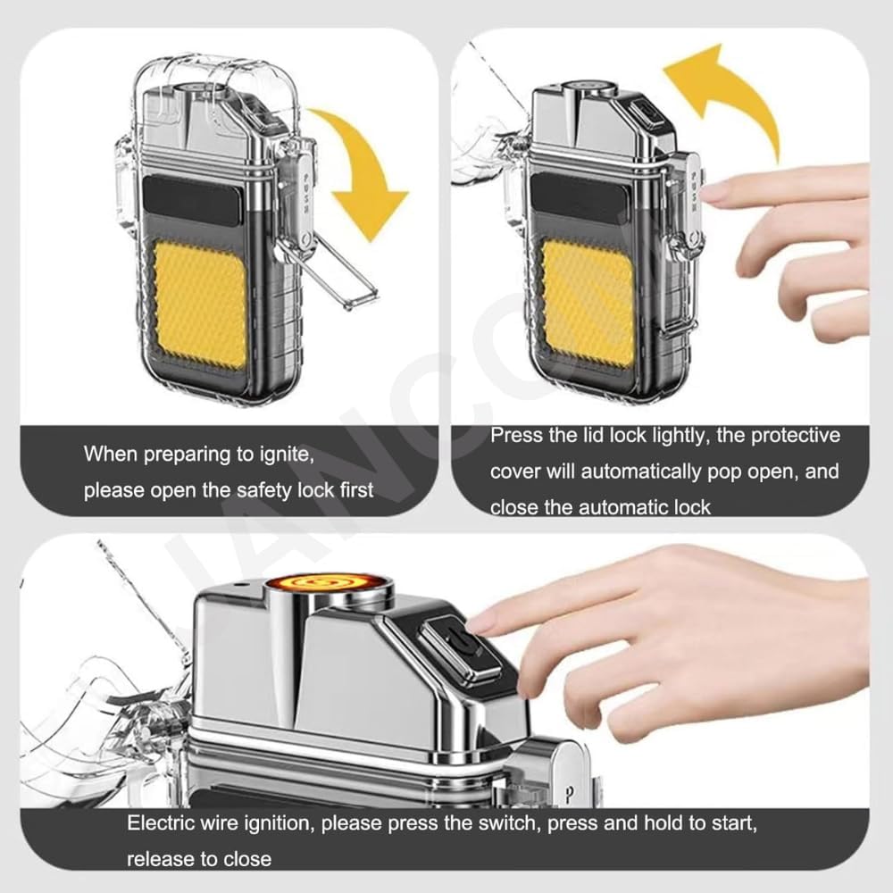 UK-1085 Dual Arc Plasma Lighter with COB LED Flashlight – USB Rechargeable Windproof Waterproof Keychain Lighter – Portable Flameless Electric Lighter with 3 Light Modes for Camping Hiking