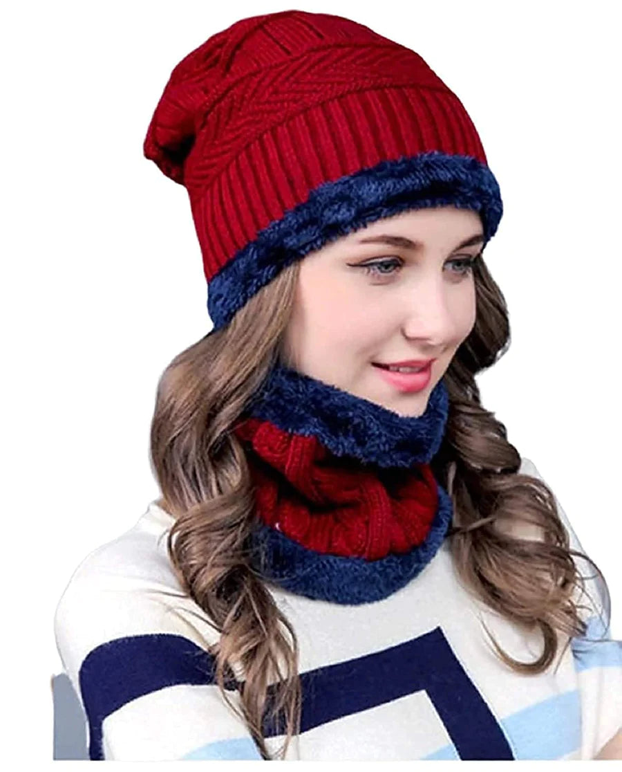 UK-0057 Soft  Woolen Beanie Cap Plus Muffler Scarf Set for Men Women Girl Boy - Warm, Snow Proof