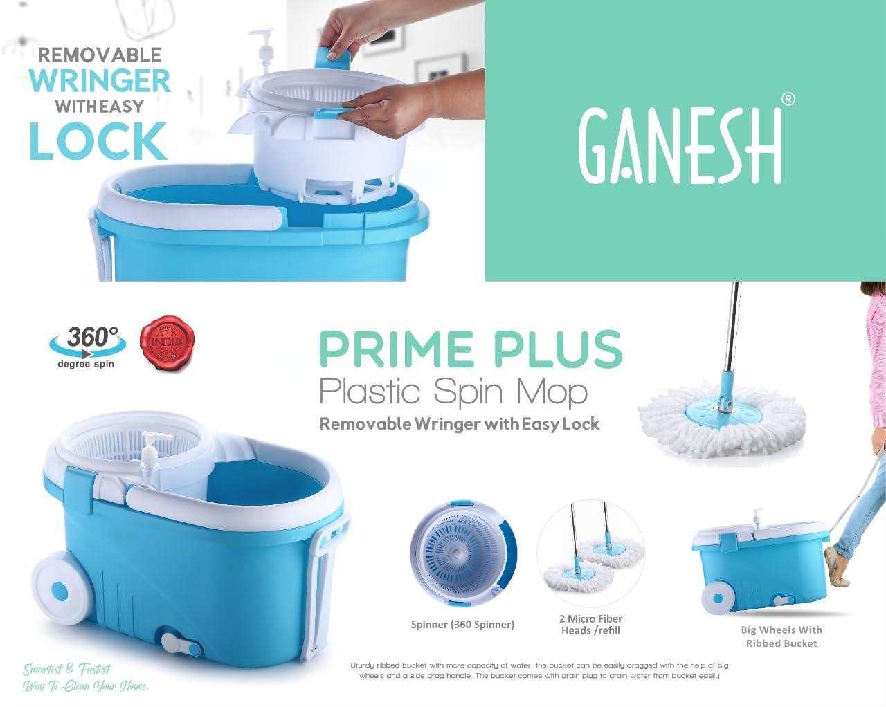 UK-0181 Ganesh Prime Plus Steel Spin Mop, Rectangular Plastic Bucket Floor Cleaning Mop with Bucket, Easy in-built Big Wheels & Big Bucket, Pocha for floor cleaning