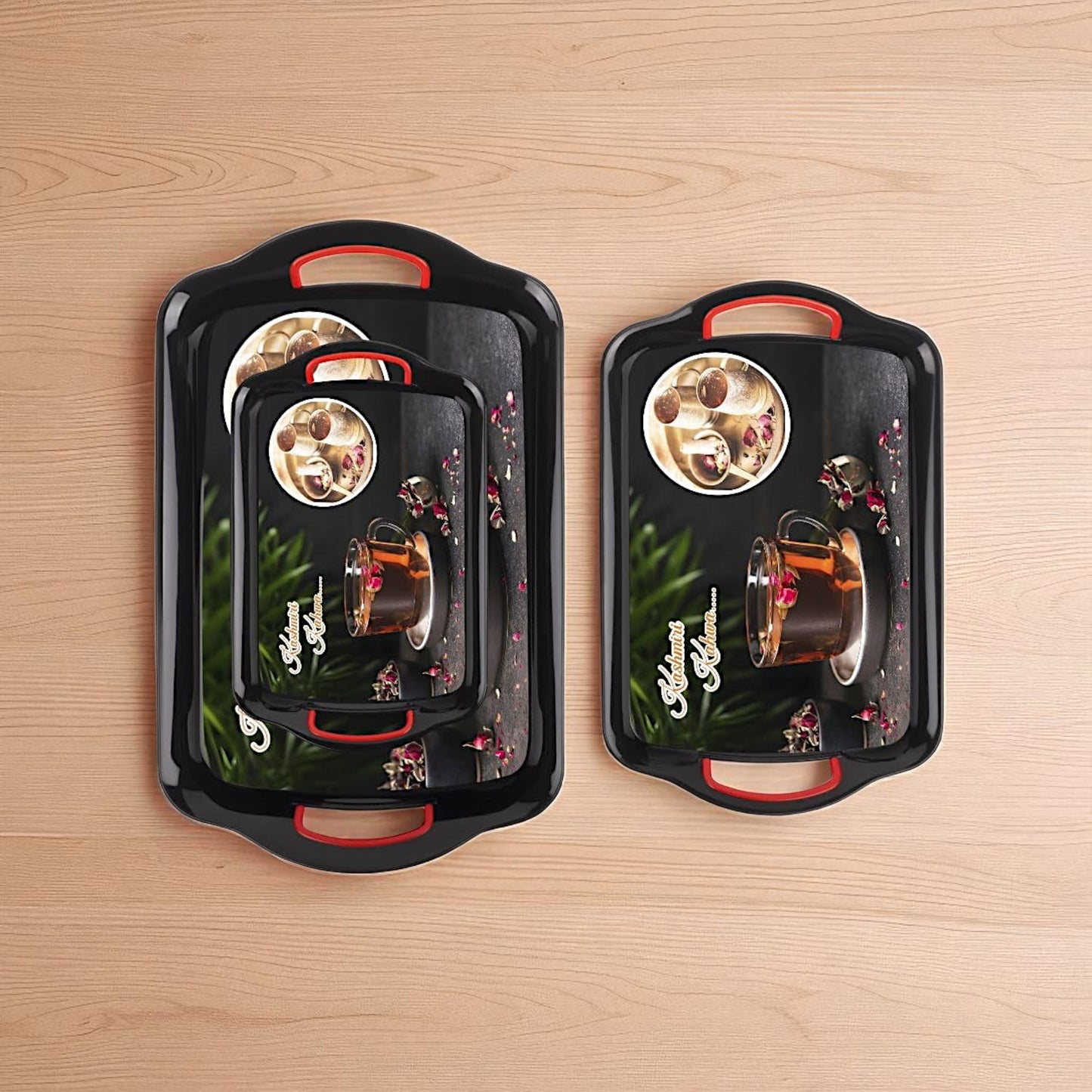 UK-0973 Premium Serving Tray Set of 3  Plastic Material Glossy Finish BPA Free Trays for Kitchen and Office and Home Decor