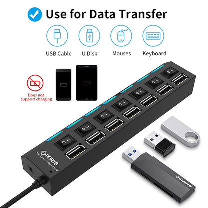 UK-0209 Multi Port USB 2.0 Hub 7 Port with Independent On/Off Switch and LED Indicators USB A Port Data Hub Suitable for PC Computer Keyboard Laptop Mobile HDD, Flash Drive Camera etc