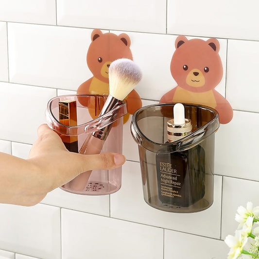 UK-0287 Teddy Bear Tooth Brush Holder - Self Adhesive Wall Mounted Multipurpose Teddy Bear Toothbrush Holder Cup with Strong Adhesive Sticker