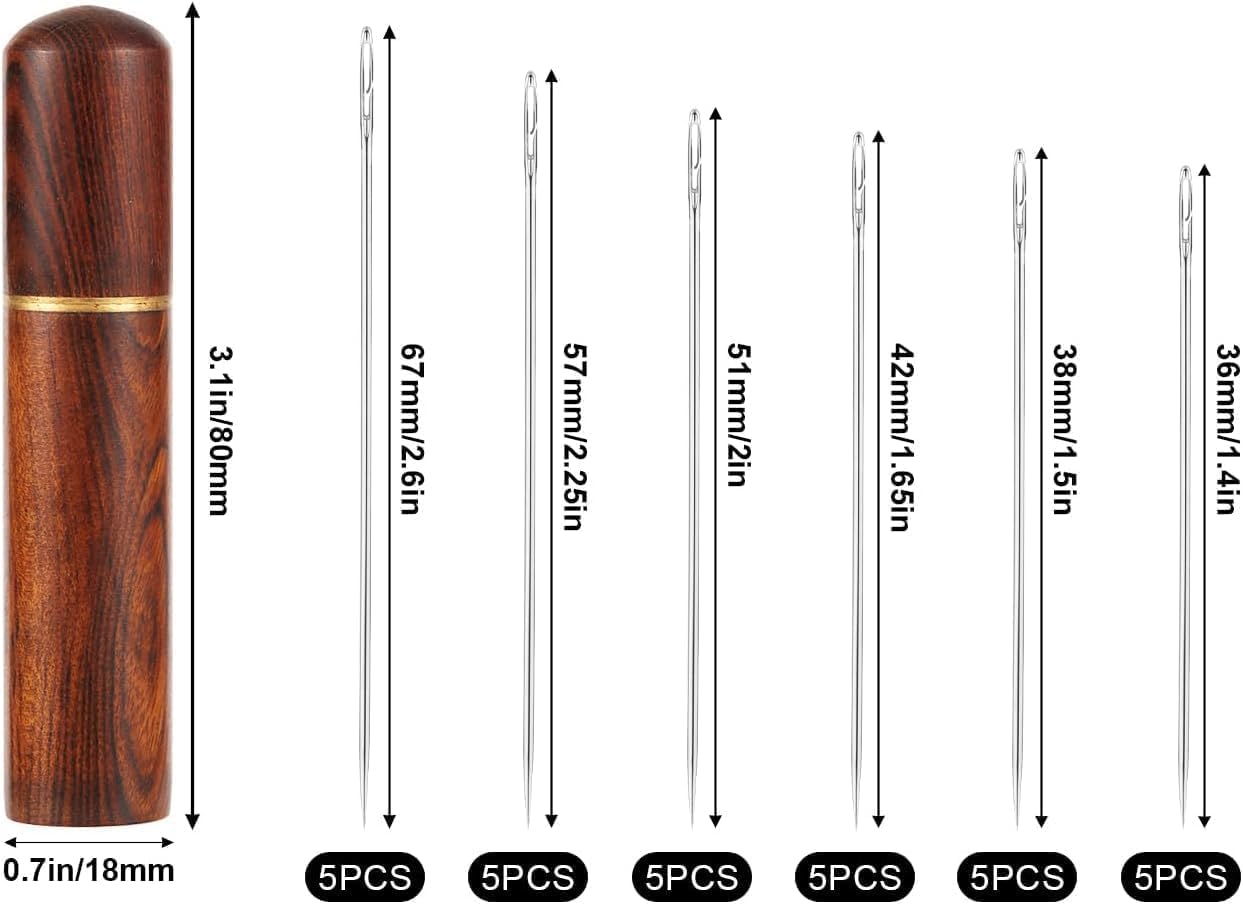 UK-1092 30pcs Self-Threading Quilting Needles With Wooden Case - Long Needles of Various Sizes for Quilting, Embroidery, Hand Sewing