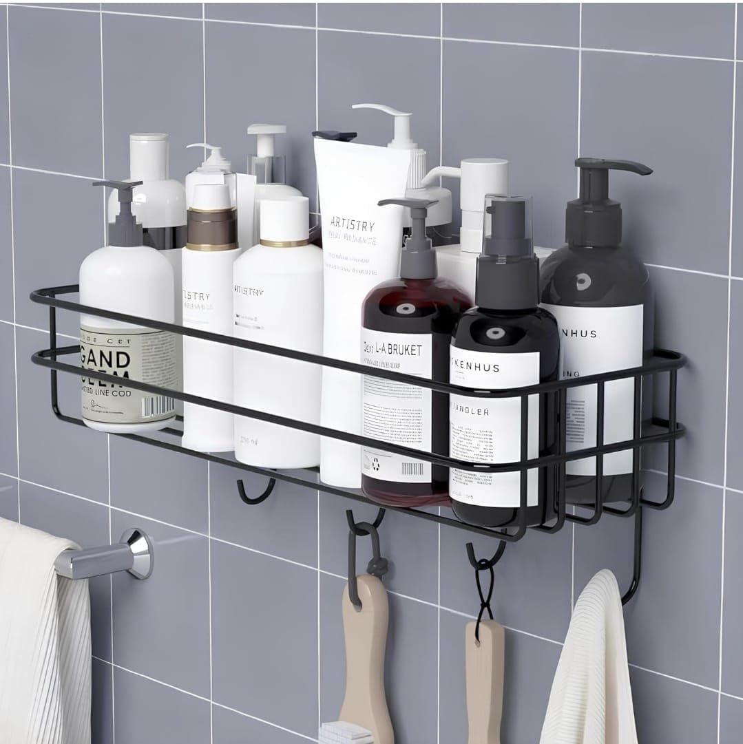 UK-0867 Self-Adhesive Bathroom Shelf with Hooks - Space-Saving Wall Mounted Shelf for Bathroom Essentials