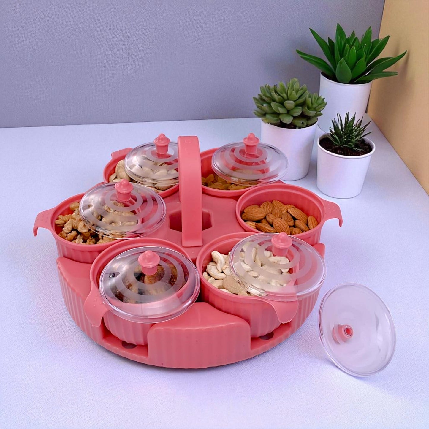 UK-0974 Spice Box/Dry Fruit Box/Masala Box/Pickle Box 6 Compartment Airtight storage Container with lid,Serving Box,DryFruit Tray, Masala Box for Kitchen Spice Set (Pack of 1 Tray with 6 Jars)