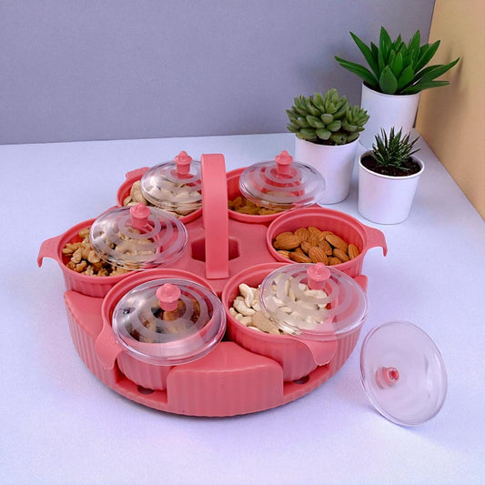 UK-0974 Spice Box/Dry Fruit Box/Masala Box/Pickle Box 6 Compartment Airtight storage Container with lid,Serving Box,DryFruit Tray, Masala Box for Kitchen Spice Set (Pack of 1 Tray with 6 Jars)