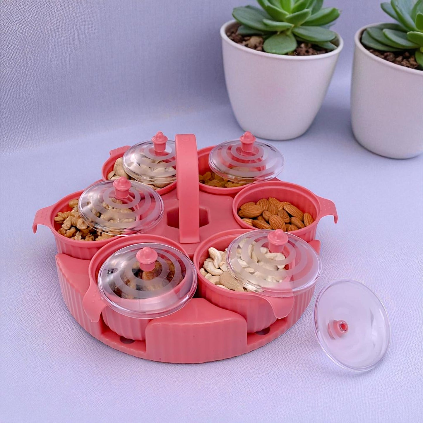 UK-0974 Spice Box/Dry Fruit Box/Masala Box/Pickle Box 6 Compartment Airtight storage Container with lid,Serving Box,DryFruit Tray, Masala Box for Kitchen Spice Set (Pack of 1 Tray with 6 Jars)