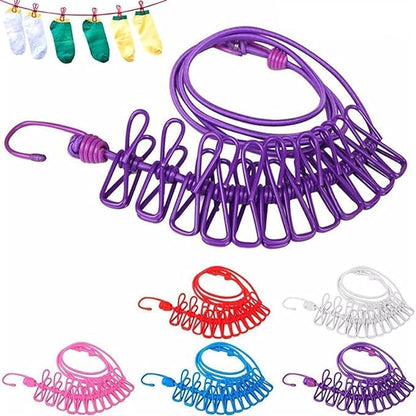 UK-0290 Rope with 12 Clips and 2 Hooks Durable Portable Outdoor Travel Clothesline Rope Clothes Hanging Hook (Multicolor)