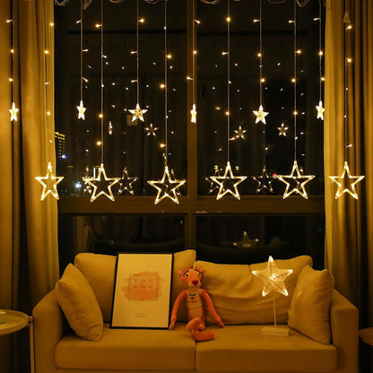 12 Stars/diya Curtain Fairy String 108 Led 6 Big Star 6 Small Star Light with 8 Flashing Modes for Indoor & Outdoor Decorations, Christmas, Wedding, Party, Home