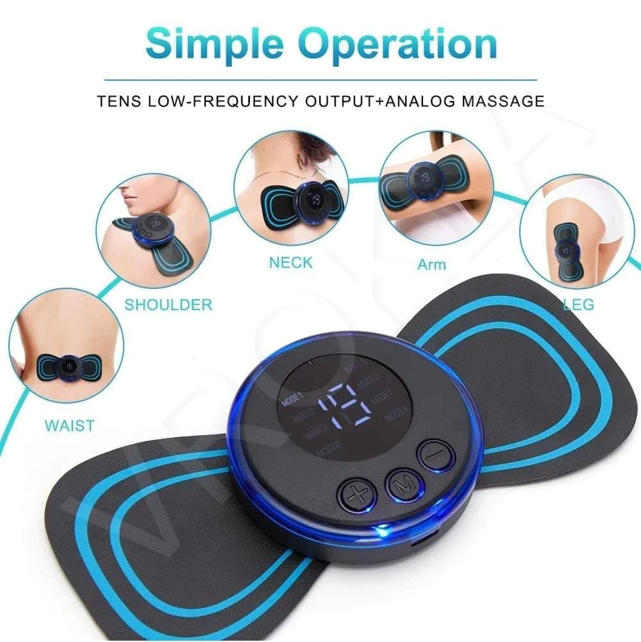 UK-0029 Full Body Mini Butterfly TENS Massager with 8 Modes, 19 Levels Electric Rechargeable Portable EMS Patch for Shoulder, Neck, Arms, Legs, Men/Women