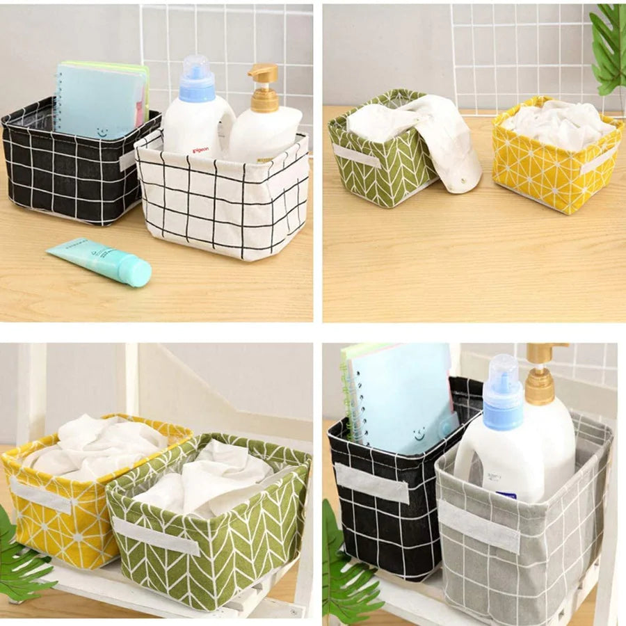 UK-0049 Canvas Fabric Foldable Mini Storage Basket - Small Collapsible Canvas Containers Organizers With Handle For Home-Multi Design