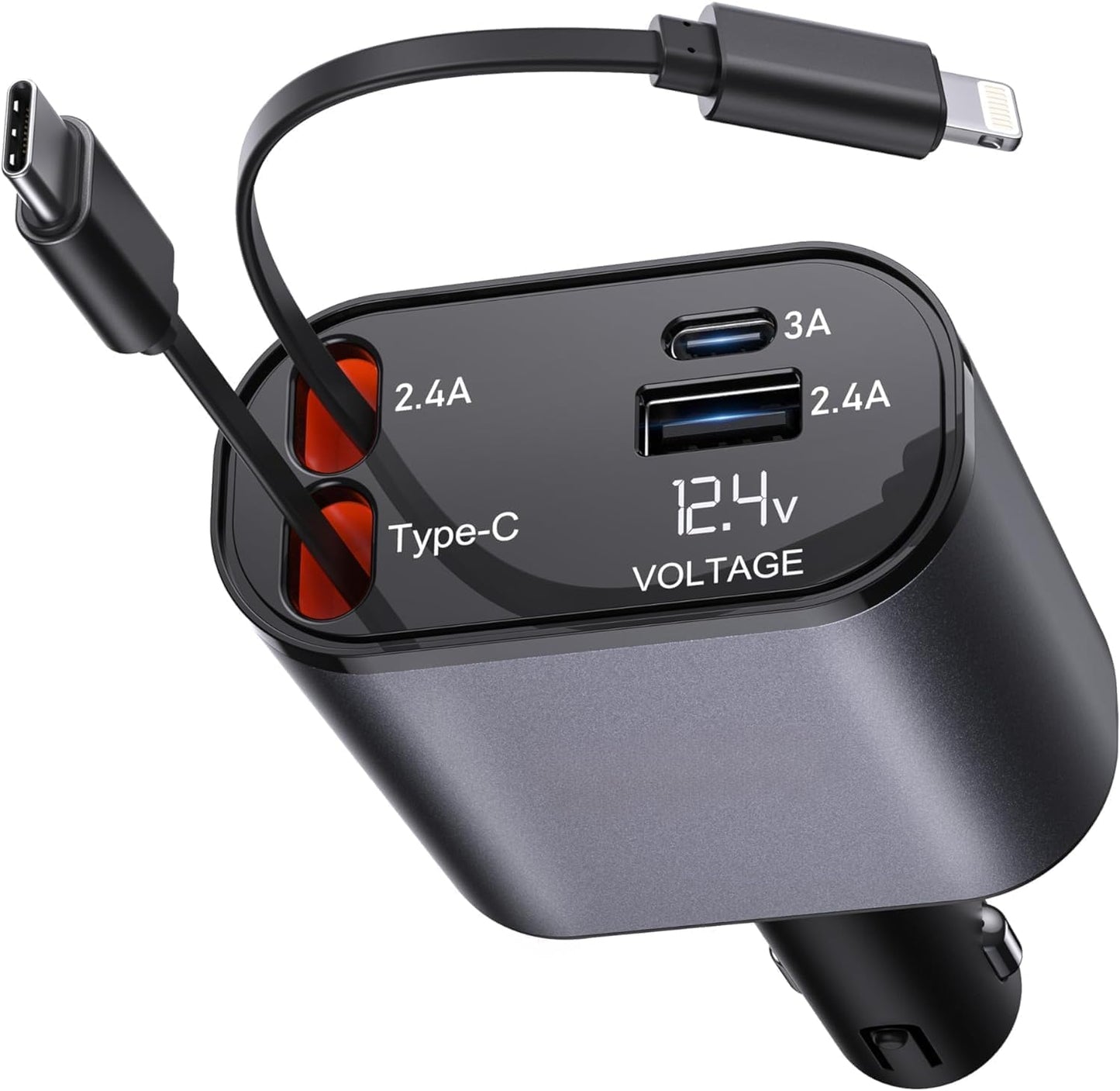 UK-0980 4-in-1 Retractable Car Charger, Fast Charge, with  Retractable Cables and Dual USB Ports, Compatible with All iPhone, iPad, Pixel, Tablets, All Android Phones