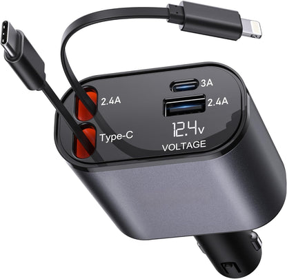 UK-0980 4-in-1 Retractable Car Charger, Fast Charge, with  Retractable Cables and Dual USB Ports, Compatible with All iPhone, iPad, Pixel, Tablets, All Android Phones