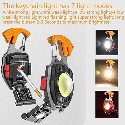 UK-0053 Multifunctional Keychain LED Rechargeable Flashlights with Lighter, Life-Saving Whistles, Screwdriver Bottle, Opener, Multiple Light Mode Portable Pocket Light for Outoor Hiking