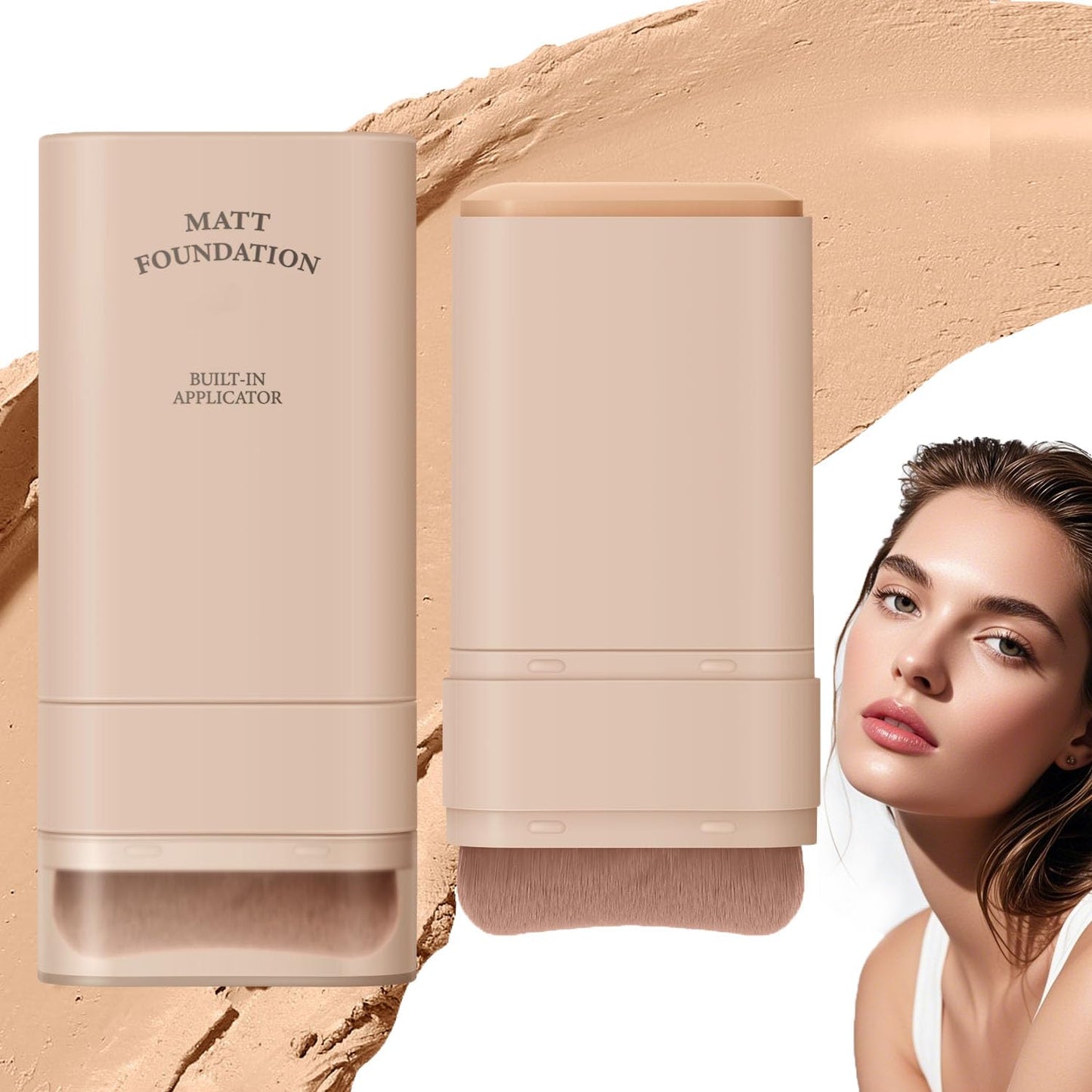 UK-1040 Beauty Foundation Stick, 2-in-1 Multifunctional Moisturizing Foundation Stick with Brush, Long Lasting Natural Matte Finish, Lightweight, Waterproof, 20g, Suitable for All Skin Types