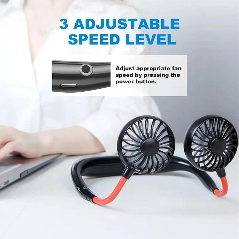 UK-0299 365 Portable Hand-Free Mini Personal Neck-Hanging USB Rechargeable Neckband Cooling Double Fan with LED Light, 3 Speeds