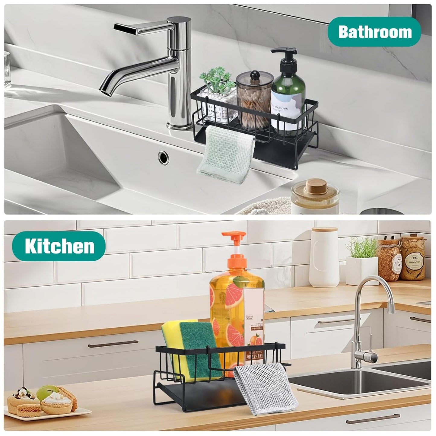 UK-1069 Sink Storage Rack, Kitchen Organiser, Stainless Steel Storage Box with Drip Tray, Suitable for Storing Sponges, Towels and Tea Towels