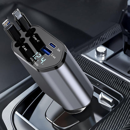 UK-0980 4-in-1 Retractable Car Charger, Fast Charge, with  Retractable Cables and Dual USB Ports, Compatible with All iPhone, iPad, Pixel, Tablets, All Android Phones