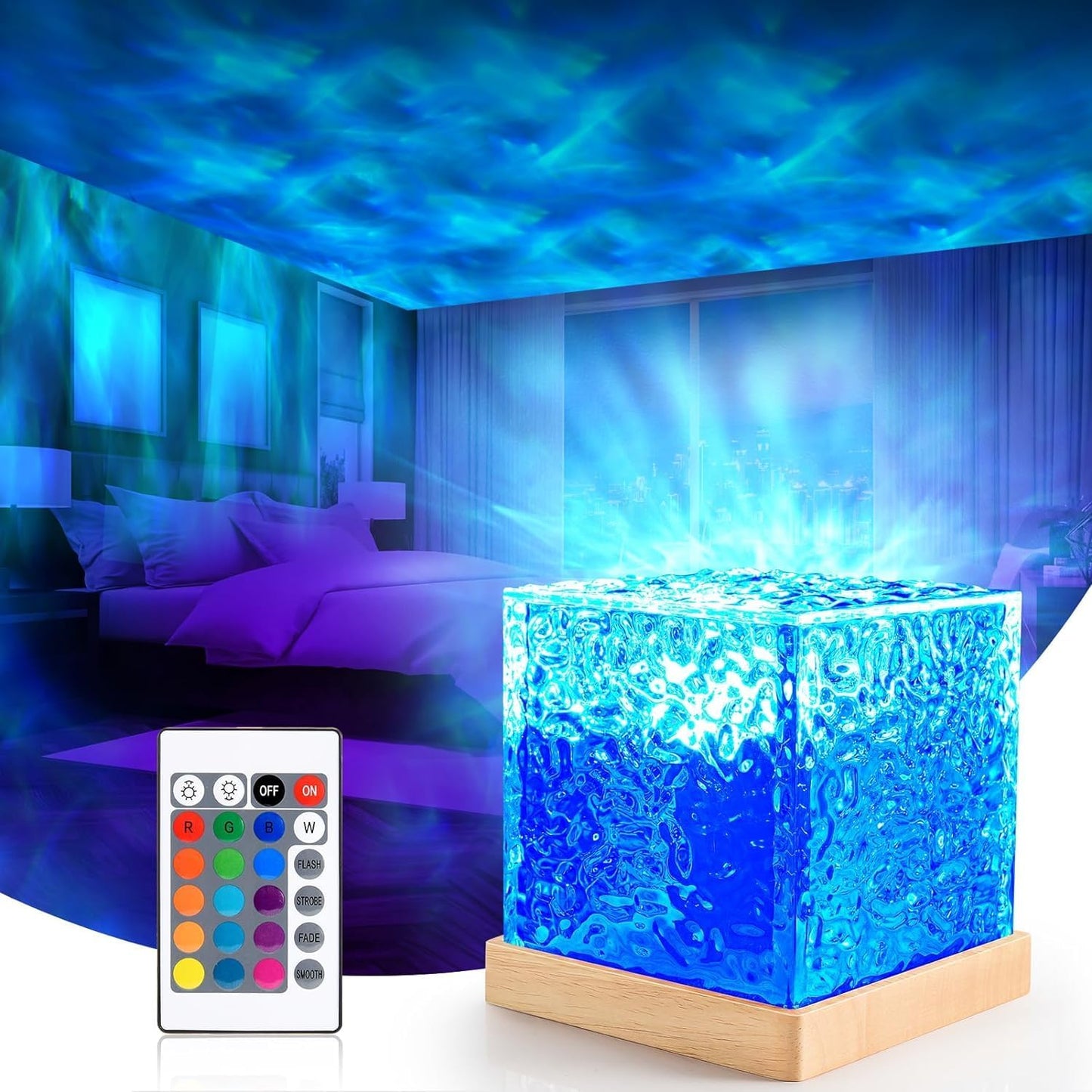 UK-0614 Water Ripple Lamp, Northern Lights Ocean Wave Projector Light, Sunset Lamp Projection Led Lights, Gradual Rotating Flame Water Lamp