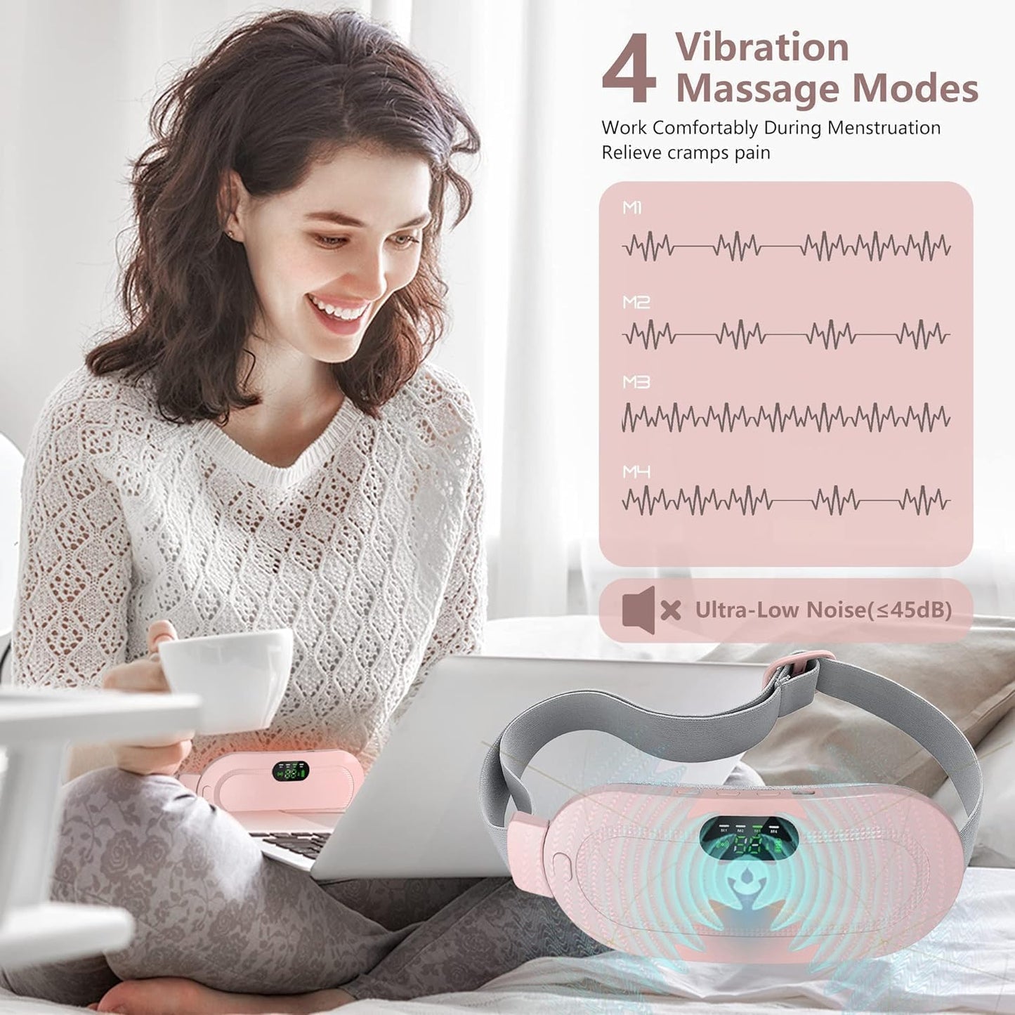 UK-1062 Portable Cordless Heating Pad for Menstrual Cramps Relief, for Stomach, 3-Speed Temperature Adjustment and 4-Speed Massage Modes, Back and Belly Heating Pad for Women
