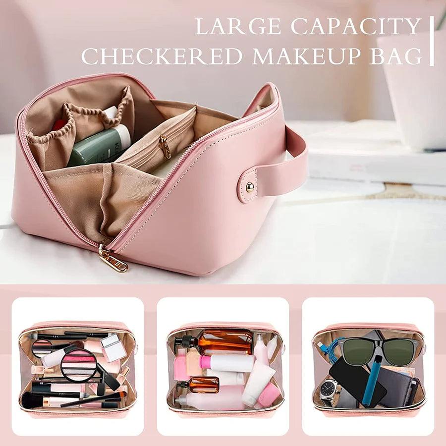 UK-0026 Cosmetic Travel Bag Large Capacity , Portable Leather Makeup Storage Bags with Handle and Divider, Wide Opening Cosmetic/Makeup Organizer