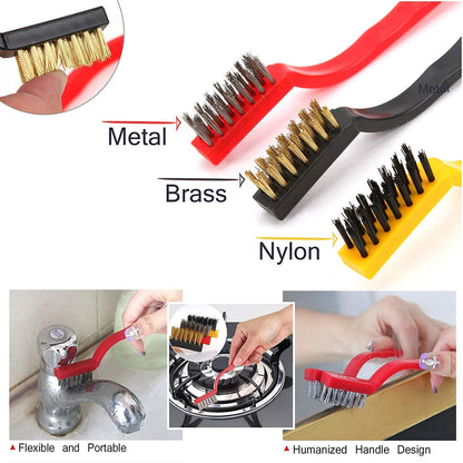 UK-0253 3 PCs Mini Wire Brush Set Brass Nylon Stainless Steel Bristles Household Cleaning Brush for Stove Burner Tiles Tap