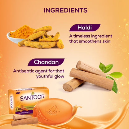 Santoor Skin Moisturizing Sandal & Turmeric Bathing Soap with Nourishing & Anti-Aging Properties| For Soft & Smooth and Younger-Looking Skin| For All Skin Types