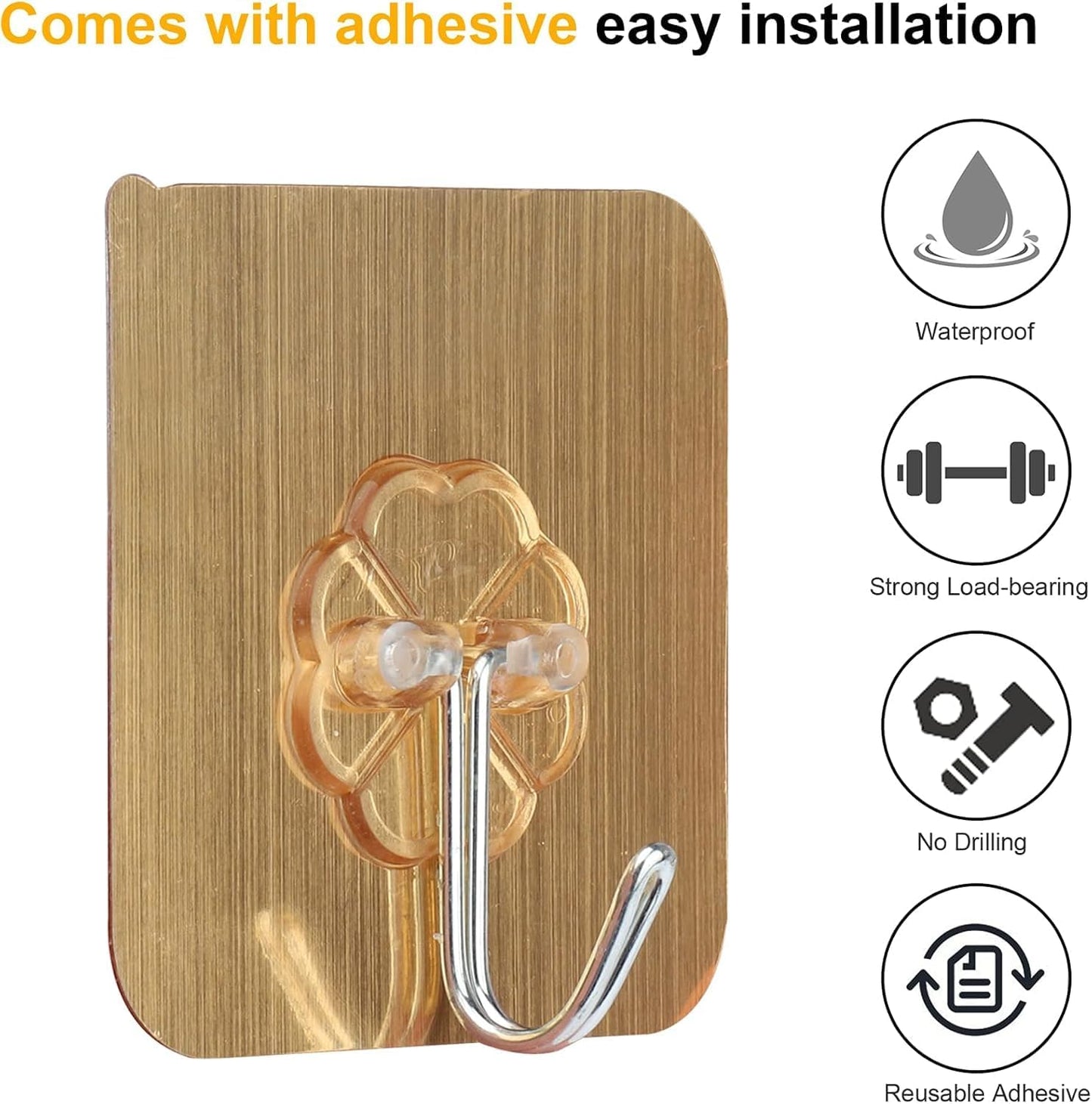 UK-0932 Wall Hanging Hooks for Wall Without Drilling |6 Pack Self Adhesive Hooks for Wall Heavy Duty Strong Nail Free | Kitchen Accessories Items (Hanging Hook, Golden)